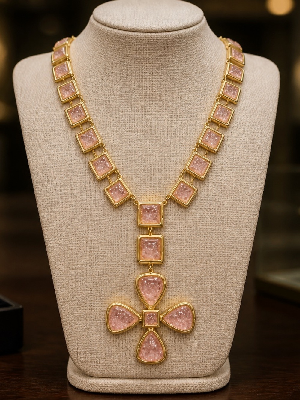 Gold-Tone Necklace with Pink Crystal Cross Pendant - Women Jewelry